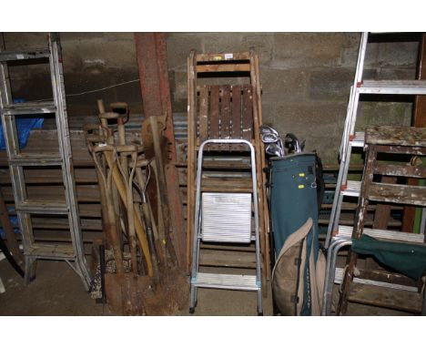 A wooden stepladder an aluminium step stool