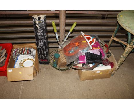 A box of various tools; fruit netting; hanging basket; camera tripod etc