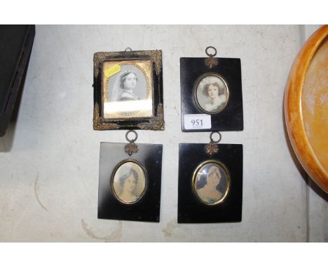 A Victorian portrait miniature and three similar period portrait print miniatures