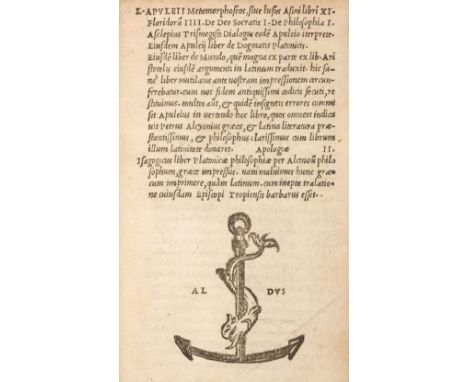 Apuleius (Lucius). Metamorphoseos, sive lusus Asini libri XII [and other works]. [Venice]: Aldus [in the House of Aldus and A