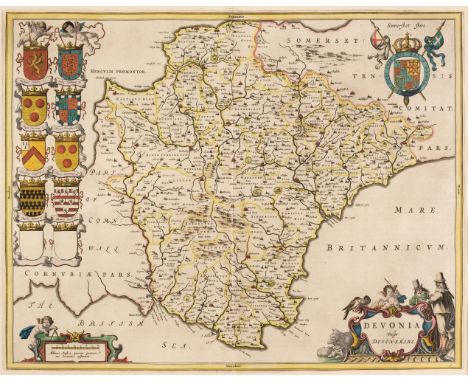 Devon. Blaeu (Johannes), Devonia vulgo Devonshire, Amsterdam, circa 1645, engraved map with contemporary hand-colouring, deco