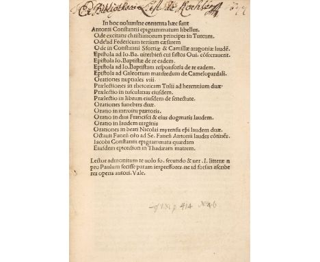 Costanzi (Antonio). Epigrammatum libellus. Ode excitans christanorum principes in Turcum... [Fano: Girolamo Soncino, 1502], l
