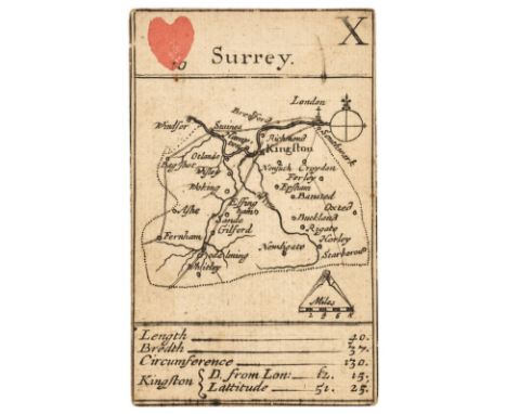 Surrey. Morden (Robert), Playing card map of Surrey, circa 1676, engraved playing card map (10 of hearts) with the suite in c