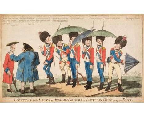 Caricatures. Fores (S. W. publisher), Lobsters for the Ladies i.e. Jessamin soldiers or a veteran corps going on duty, 1798, 