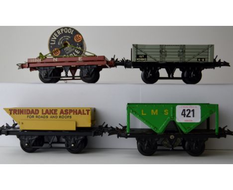 4 X HORNBY "O" GAUGE ROLLING STOCK - HOPPER WAGON, NO.1. WAGON, "TRINIDAD LAKE ASPHALT" TIPPING WAGON, "LIVERPOOL CABLES" LOW