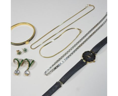 A 9 carat white gold link necklace, 40cm long, together with two fine 9 carat gold chains, 20g gross, together with a pair of