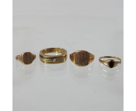 A 9 carat gold signet ring, size M, together with a gentleman's 9 carat gold diamond set ring, size R and two 9 carat gold ri