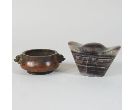 A Chinese bronze censer, 10cm diameter, together with a blue john style paper weight