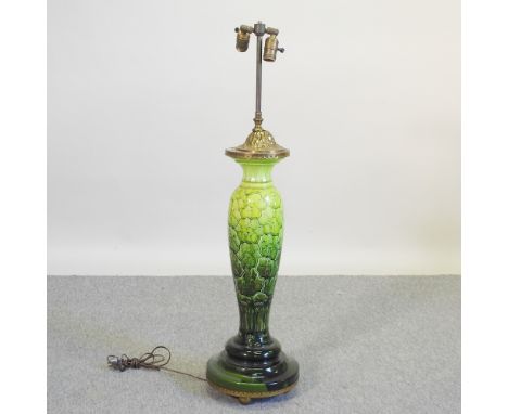 A Burmantofts style blue glazed table lamp, 100cm high