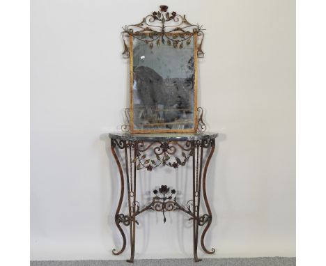 A 20th century continental painted metal marble top console table, with a matching pier mirror, 70cm