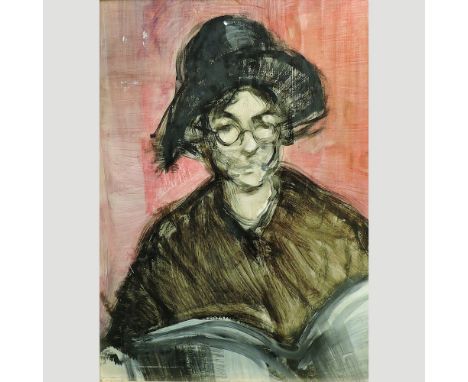 Attributed to Sir Frank Brangwyn, RA, RWS, 1867-1956, a half length portrait of a lady reading, wearing glasses, oil on board