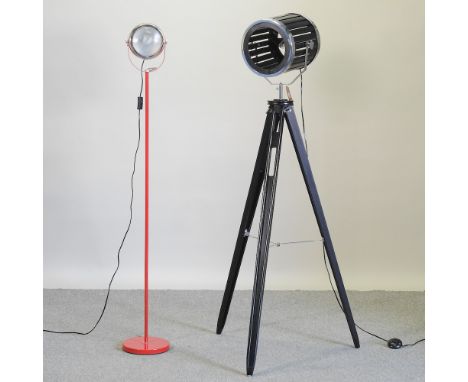 A modern standard lamp, on a tripod stand, 160cm high, together with a modern red floor standing lamp (2)