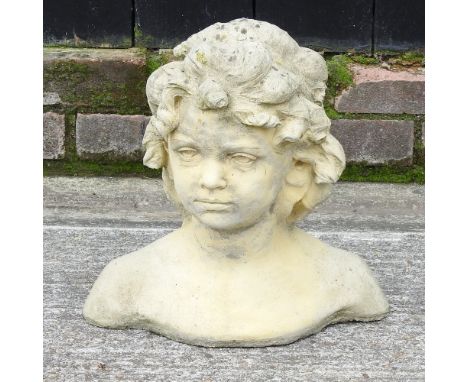 A reconstituted stone portrait bust of a girl, 35cm high