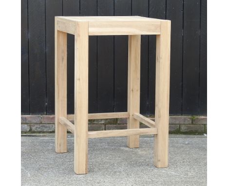 A modern light oak high garden table, 70 x 70cm