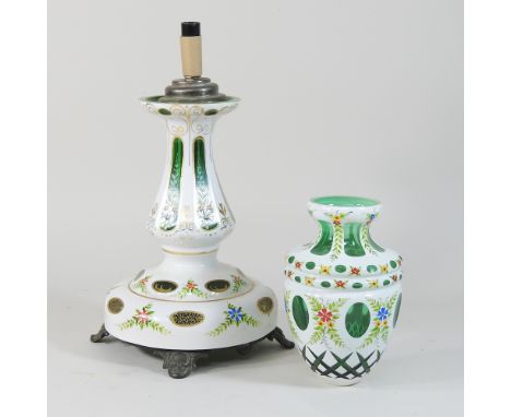 A Bohemian white and green overlaid glass table lamp and shade, 41cm high overall