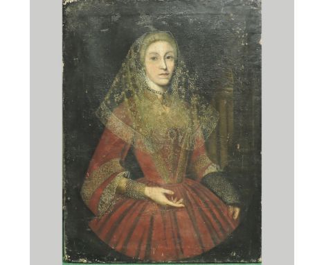 English 17th century school, a half length portrait of a young lady, wearing a red dress, oil on canvas, 101 x 76cm, unframed