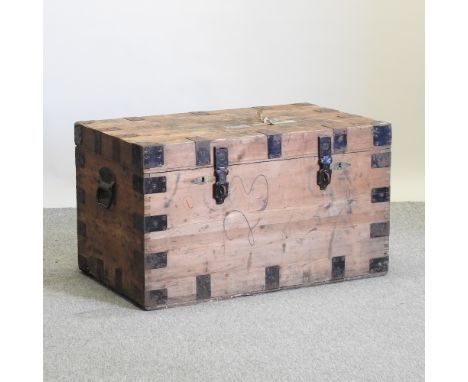 An early 20th century pitch pine trunk, with painted letters, having a zinc lined interior, 91cm