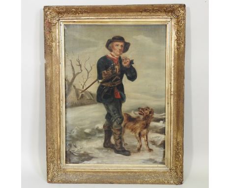 Continental school, 19th century, portrait of a wood cutter and his dog, oil on board, 59 x 43cm