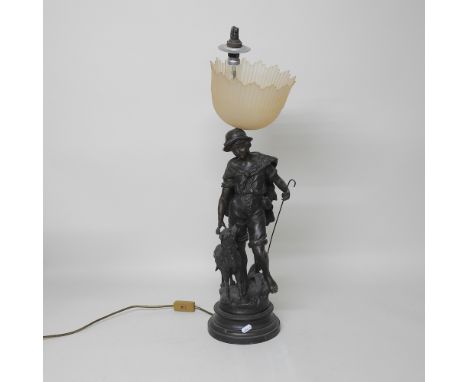 A French bronzed figural table lamp, in the form of a shepherd boy, after Moureau, 72cm high