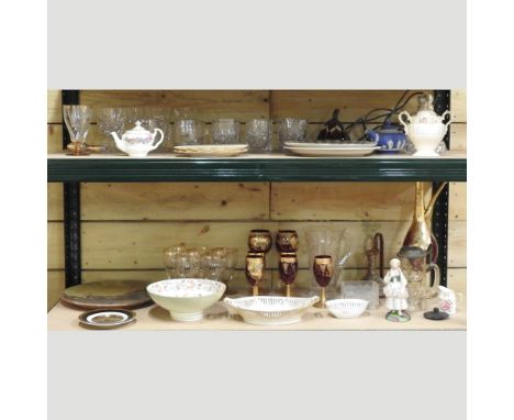 Two shelves of 19th century and later china and glass, to include a Haddon Hall bowl, Tudor cut glass wine glasses, cut glass