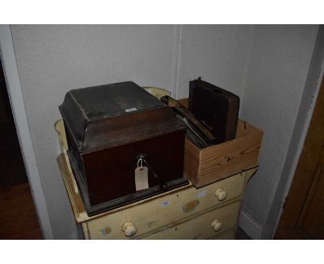 HMV; a vintage oak cased wind-up gramophone with assorted 78rpm records.