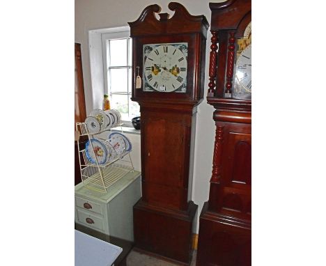 WILLIAM ROWLANDS, PWLLHELI; a 19th century eight day longcase clock, the painted dial set with swans and castle ruins surroun