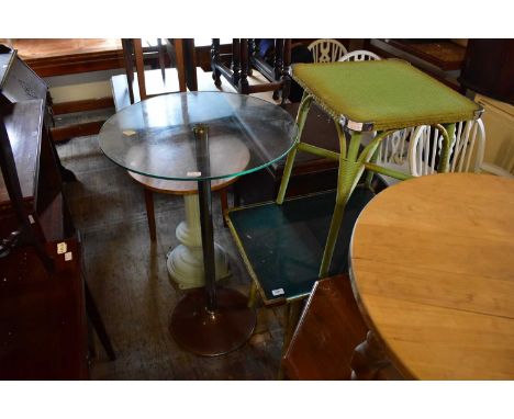 Two green wicker effect side tables, one with glass top, together with a modern glass topped bar table on chrome base, height