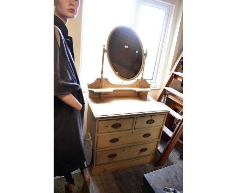 An old pine mirror back dressing chest of two short over two long drawers, on plinth base, width 91cm, depth 51cm, height 156