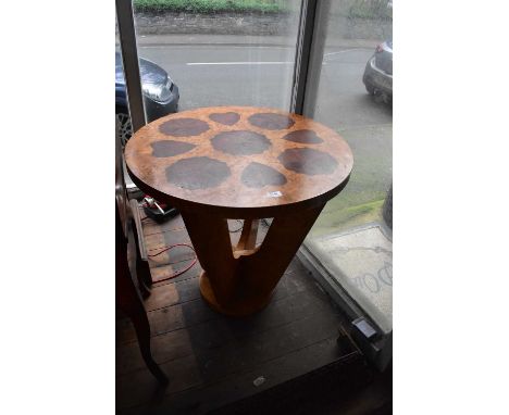 A reproduction Art Deco style inlaid burr walnut veneered centre table, height 72cm, diameter of top 74cm.