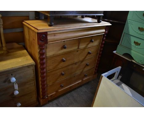 An old pine chest of drawers with frieze drawer above two short and three long drawers, on plinth base, width 126cm, depth 51