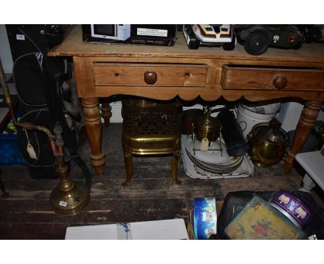 A collection of 19th century and later metalware including footman, assorted enamelware, an Eastern shisha pipe stand etc.