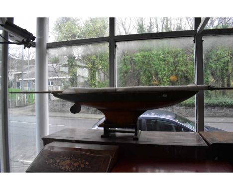 A large painted model of pond yacht and an associated pine stand, length 150cm.