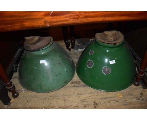 Two large vintage green enamel light shades, diameter approx 40cm.