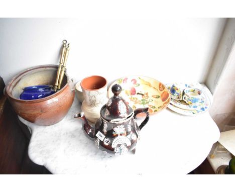 An assortment of collectors' items, including a 19th century bargeware teapot 'I like a cup of good tea', dated 1887, assorte