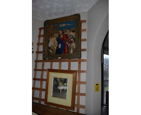 A 19th century needlework tapestry religious scene with Christ and figures in gilt frame, a modern print of ballerinas, rever