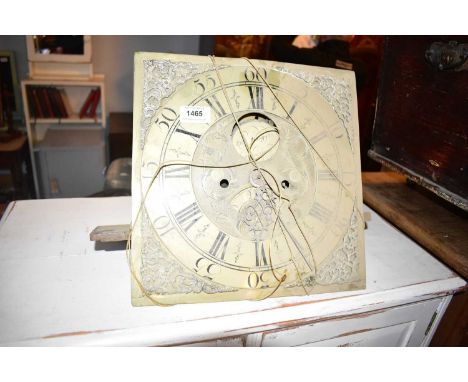 ROBERT HAMPTON, WARRINGTON; an 18th century brass longcase clock face, with applied chapter ring bearing Arabic and Roman num