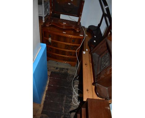 A modern yew wood bowfront chest of four drawers on block feet, width 73cm, depth 42cm, height 80cm, a drop-leaf table and a 