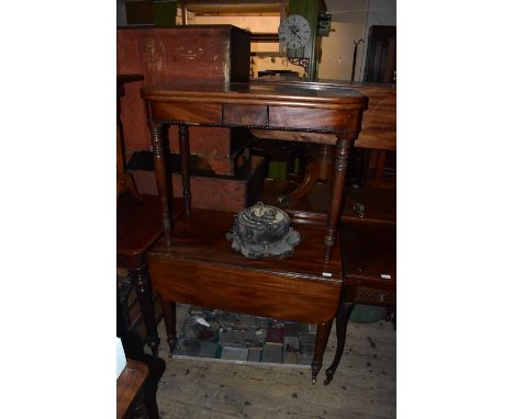 A 19th century mahogany fold-over tea table on turned column legs, width 90cm, height 74cm, and a 19th century mahogany Pembr