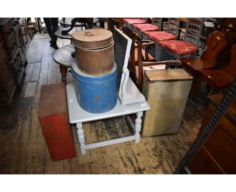 A painted coffee table, width 65cm, together with a painted swing dressing table mirror, two hat tins, a metal hanging cabine