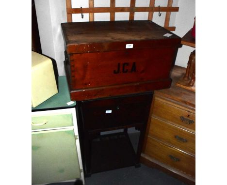 A vintage pine storage chest with initials JCA, width 64cm, and an oak kitchen cabinet (2).