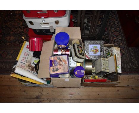 A collection of assorted vintage advertising tins and signs including Kodak, BP oil tin etc.