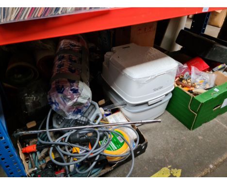 3 boxes of tools, brass fittings, and a Porta Potty 