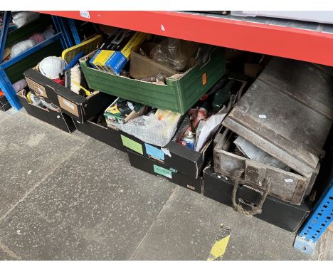 7 boxes and 1 wooden box of various tools, garage-ware, garden-ware, decorating tools, etc. 