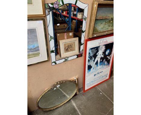 A Tiffany style leaded glass framed mirror together with an oval gilt framed mirror, a watercolour and a Lowry print. 