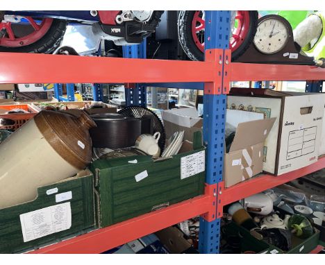 4 boxes including soda syphons and old bottles, a glass washboard, plated ware, earthenware, stoneware, mantle clock, crocker