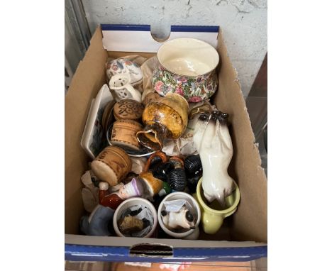 A box of assorted collectables including Beswick, Robertson figures, Wade etc. 