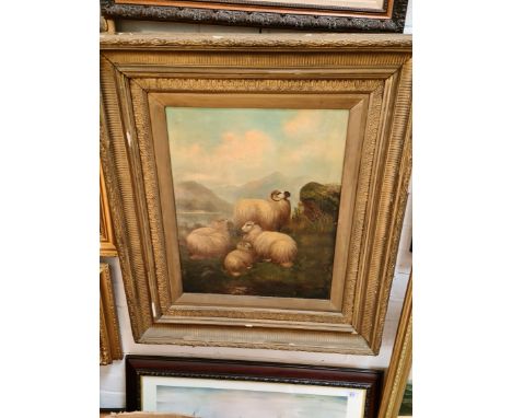 Att. John Charles Morris (active 1851-1889), sheep in Highland landscape, oil on canvas, 44cm x 54.5cm, unsigned, gilt frame 
