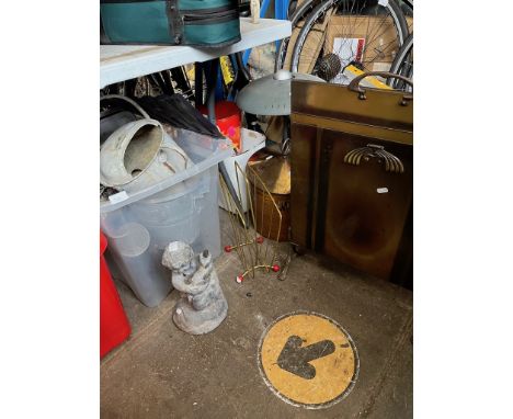 A lead garden ornament / water feature of a boy, a metal fire guard, a box of galvanised ware to include watering can, etc, a