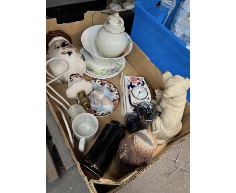 A box of mixed ceramics including Nao figure, Country Artists Labrador, Masons Mandalay table lamp, clock and plate etc 