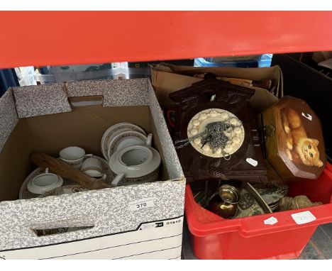 2 boxes of assorted items including Noritake teaware and Kaiser teaware, Russian cuckoo clock (no weights), Nao figure, tea c